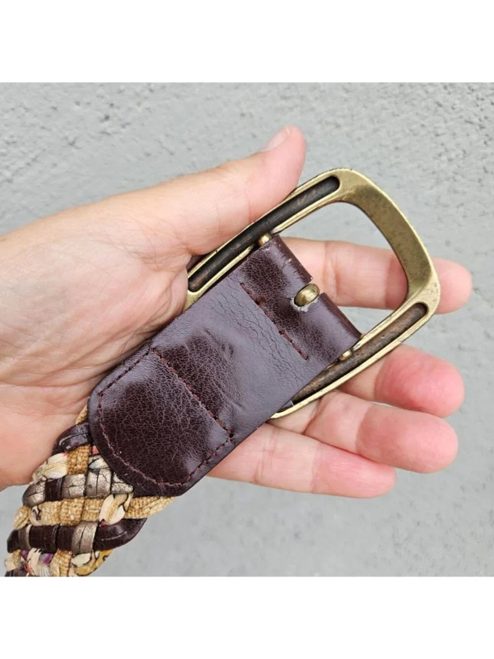 Vintage 70s Woven Leather Fabric Belt Brass Buckle Unisex One Size to 37